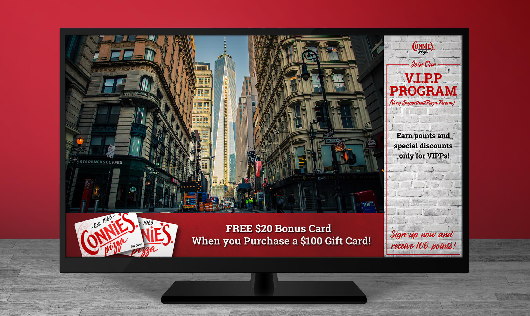 Connies Pizza In Store TV Advertising